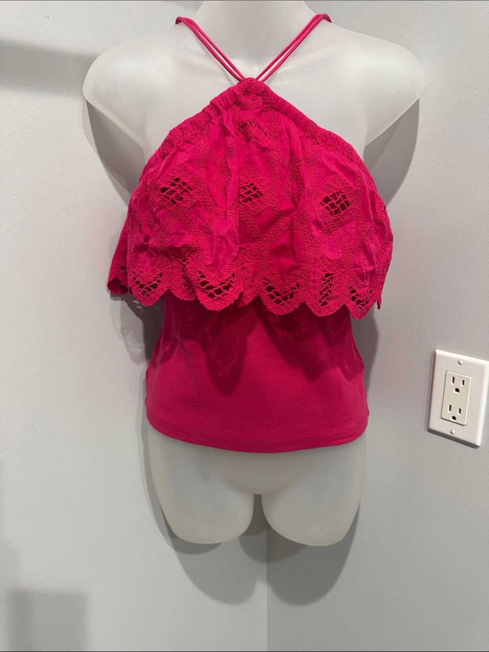 Women’s Hot Pink Halter Eyelet Overlay Tank Top NWT
